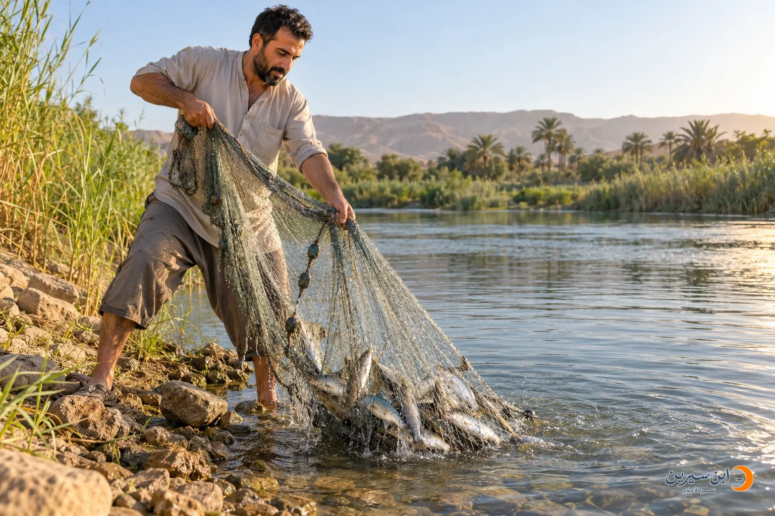 صياد يرفع شبكة صيد وبداخلها أسماك من النهر