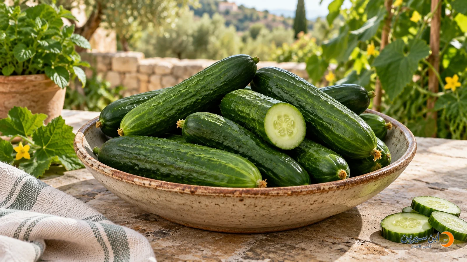 خيار أخضر طازج في طبق وشرائح تظهر لبه وبذوره
