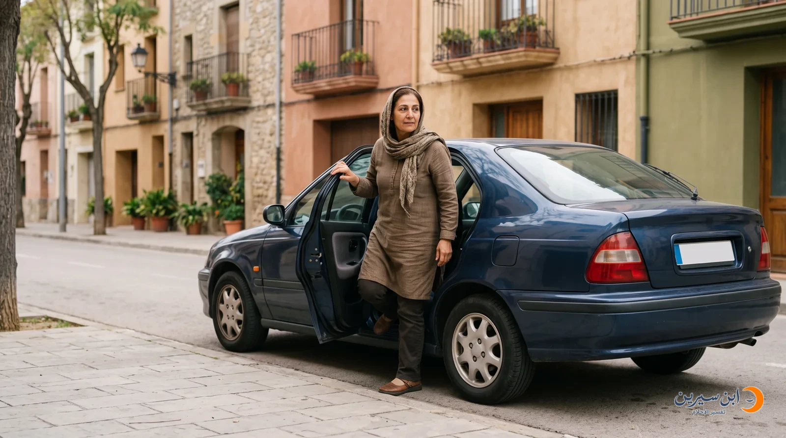 امرأة تخرج من سيارة متوقفة وبابها مفتوح