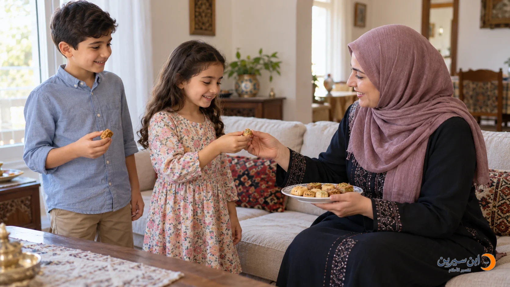 امرأة توزع الحلوى على طفلين