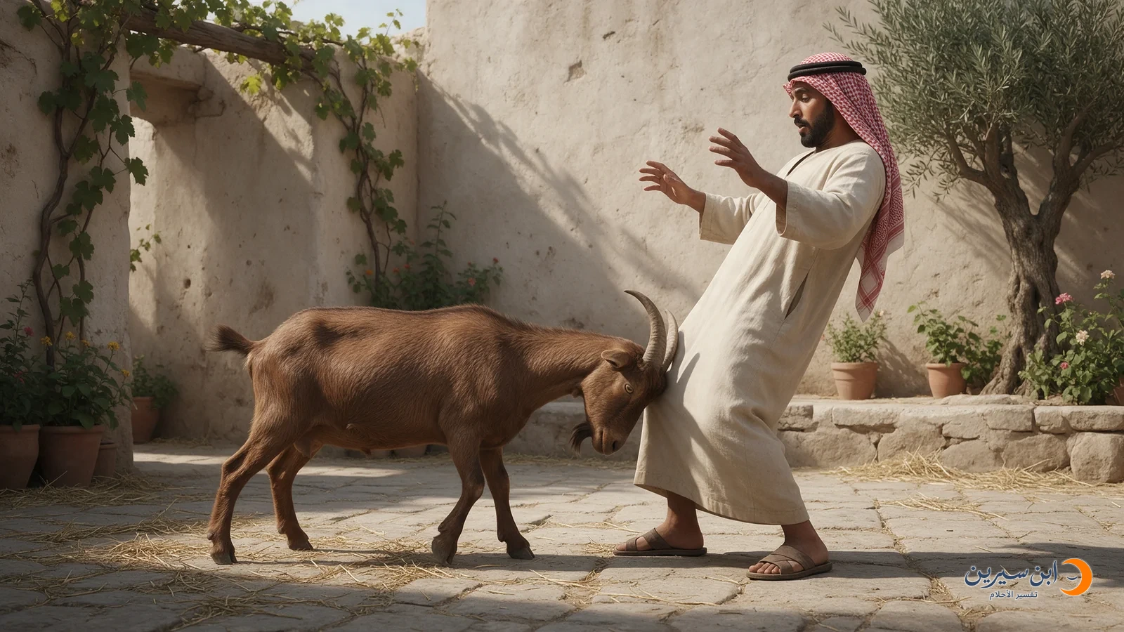 تيس يخفض رأسه ويلامس بقرنيه جذع رجل متراجع