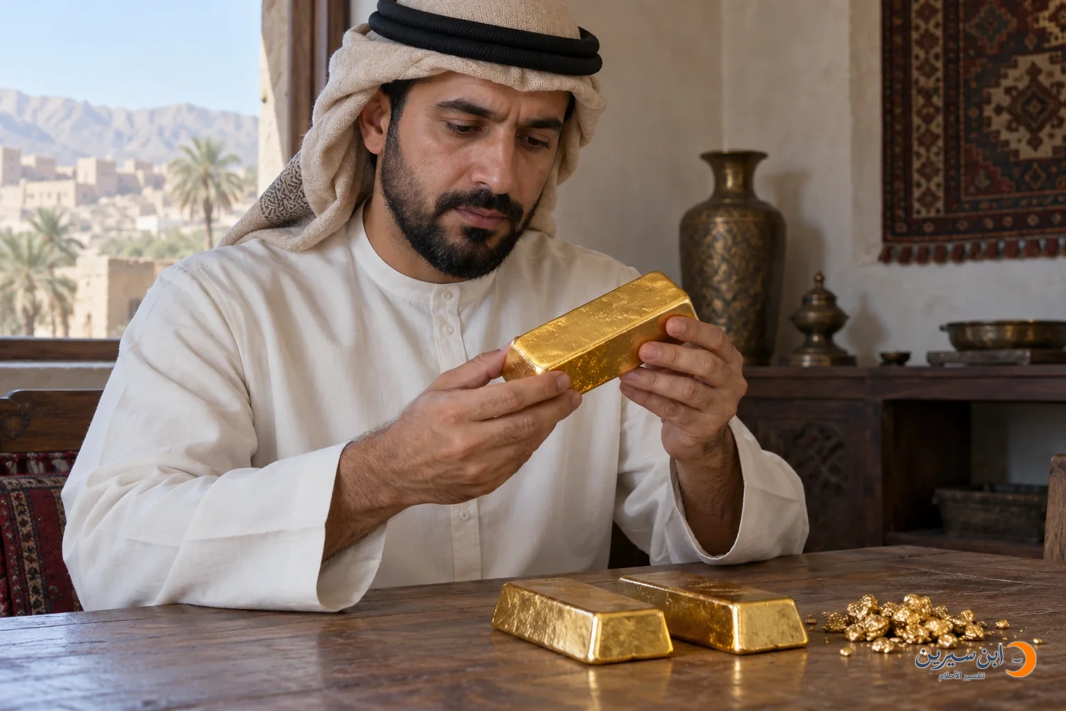 رجل يتفحص سبيكة ذهب وبجانبه سبائك وتبر