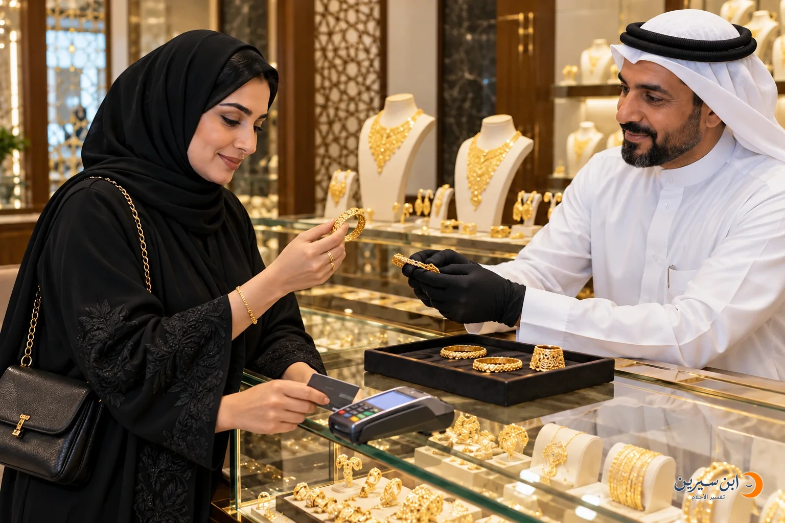 امرأة تشتري ذهبًا من الصائغ وتدفع ثمنه