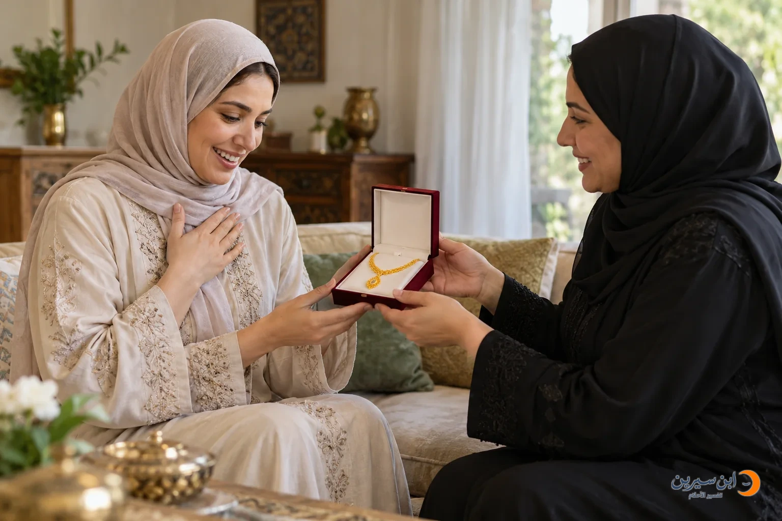 امرأة تتلقى هدية ذهب من امرأة أخرى