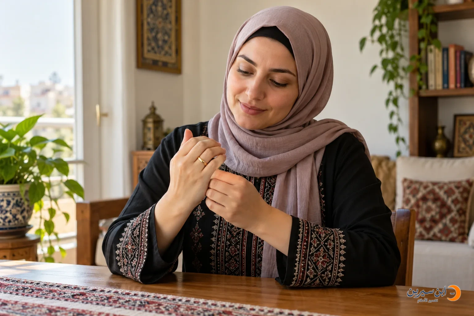 امرأة ترتدي خاتمًا ذهبيًا