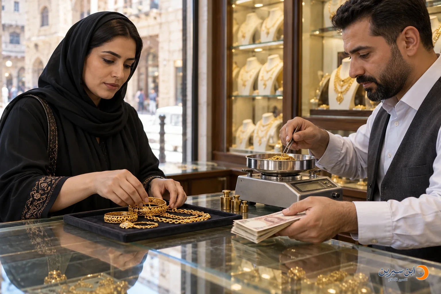 امرأة تبيع الذهب لتاجر يزنه على الميزان