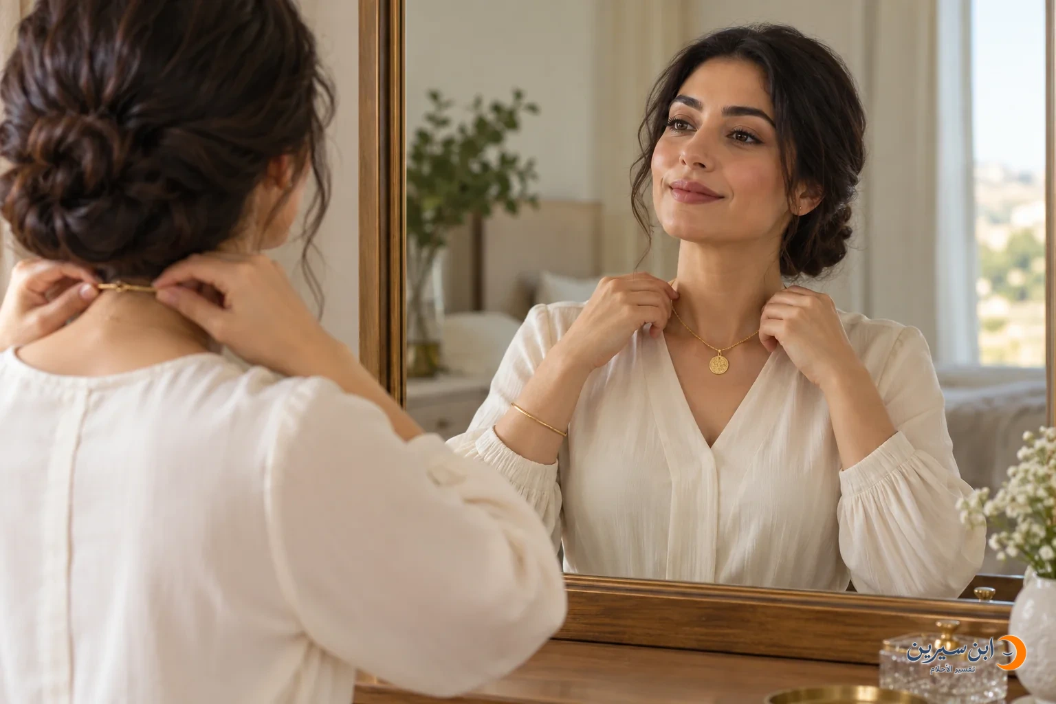 امرأة ترتدي الذهب أمام المرآة