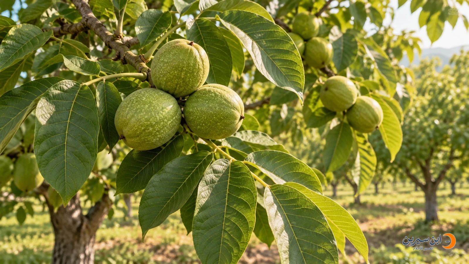حبات جوز أخضر على غصن بأوراق الجوز