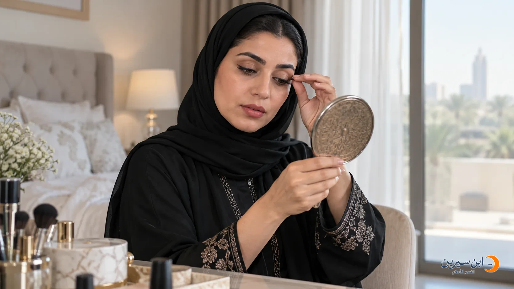 امرأة تعتني برموشها أمام المرآة
