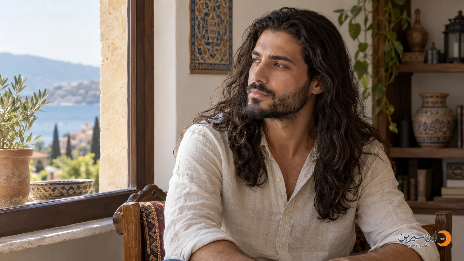 رجل ذو شعر طويل يصل إلى ما بعد كتفيه