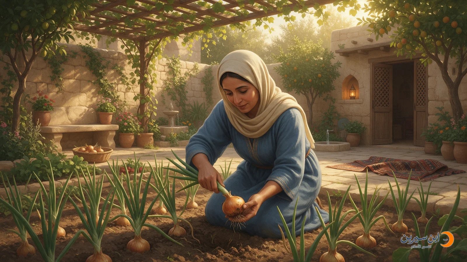 امرأة ترفع بصلة من التربة وتمسكها من العنق وتدعمها بيدها