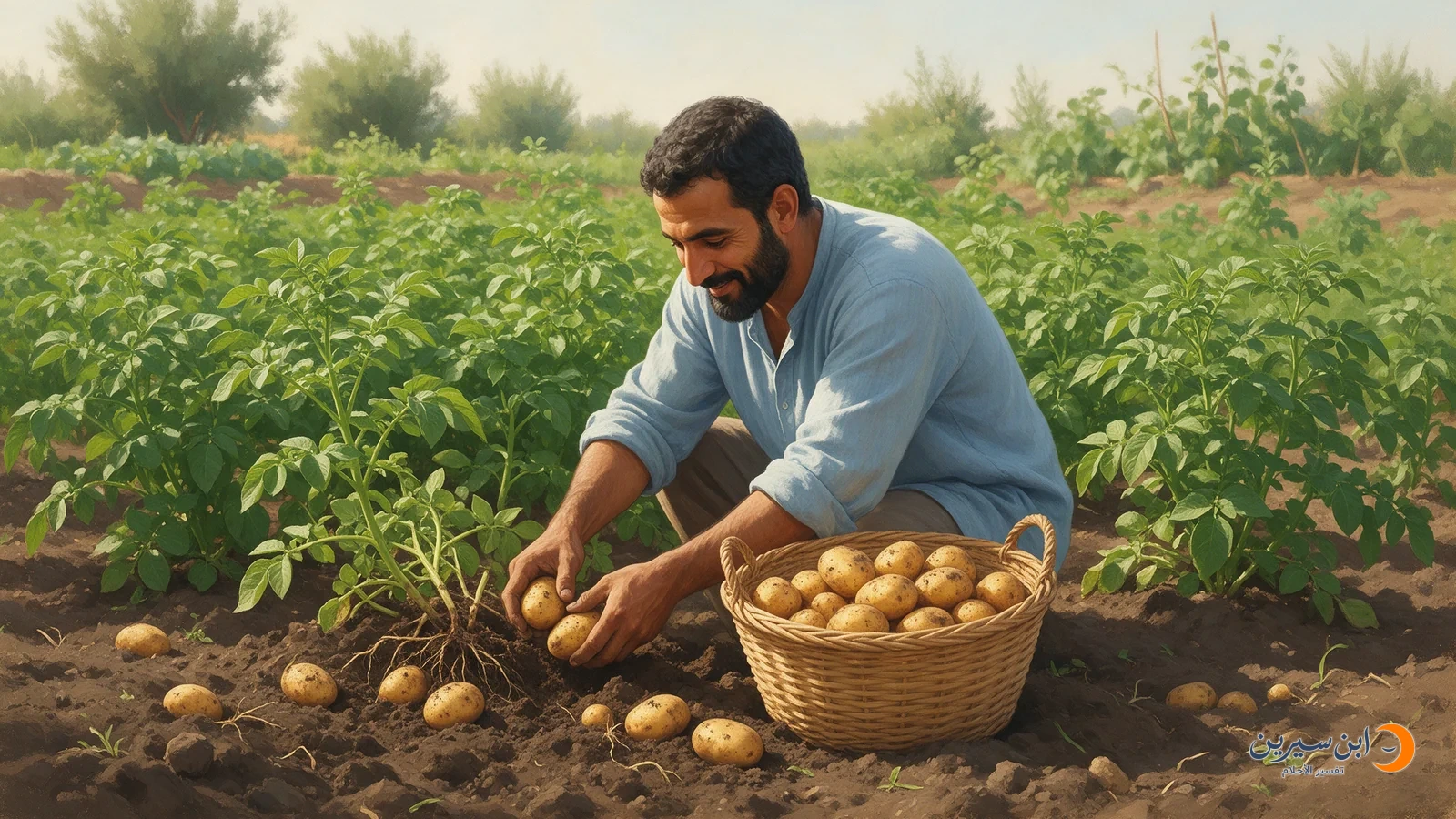 رجل يحصد البطاطس من التربة بجانب النباتات وسلة محصول