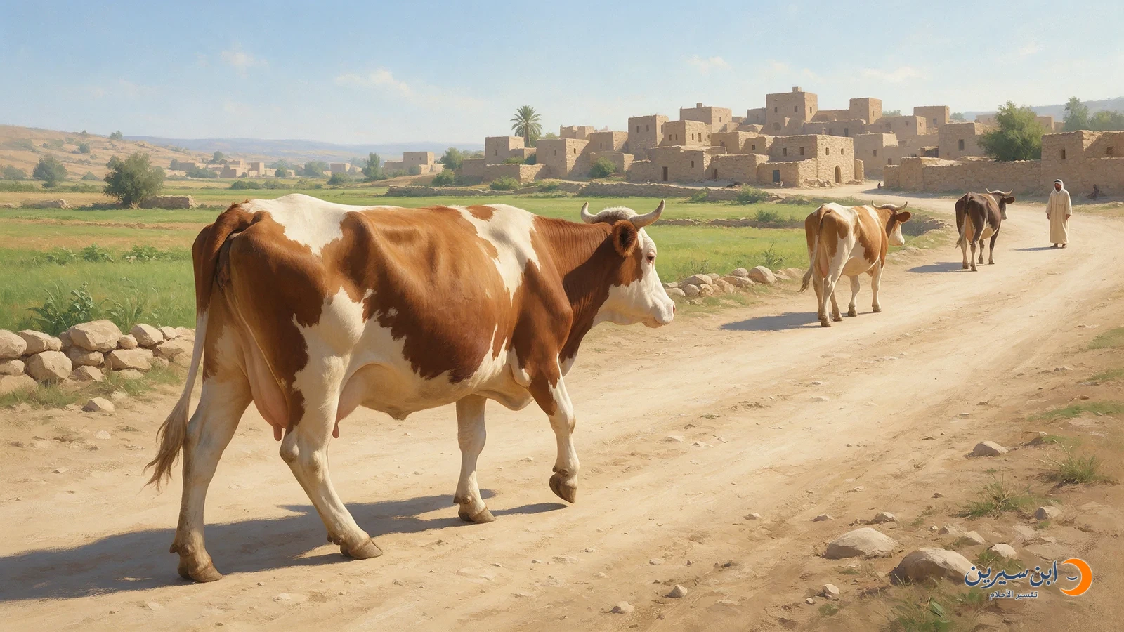 ثلاث بقرات تمشي في طريق ريفي قرب مزارع