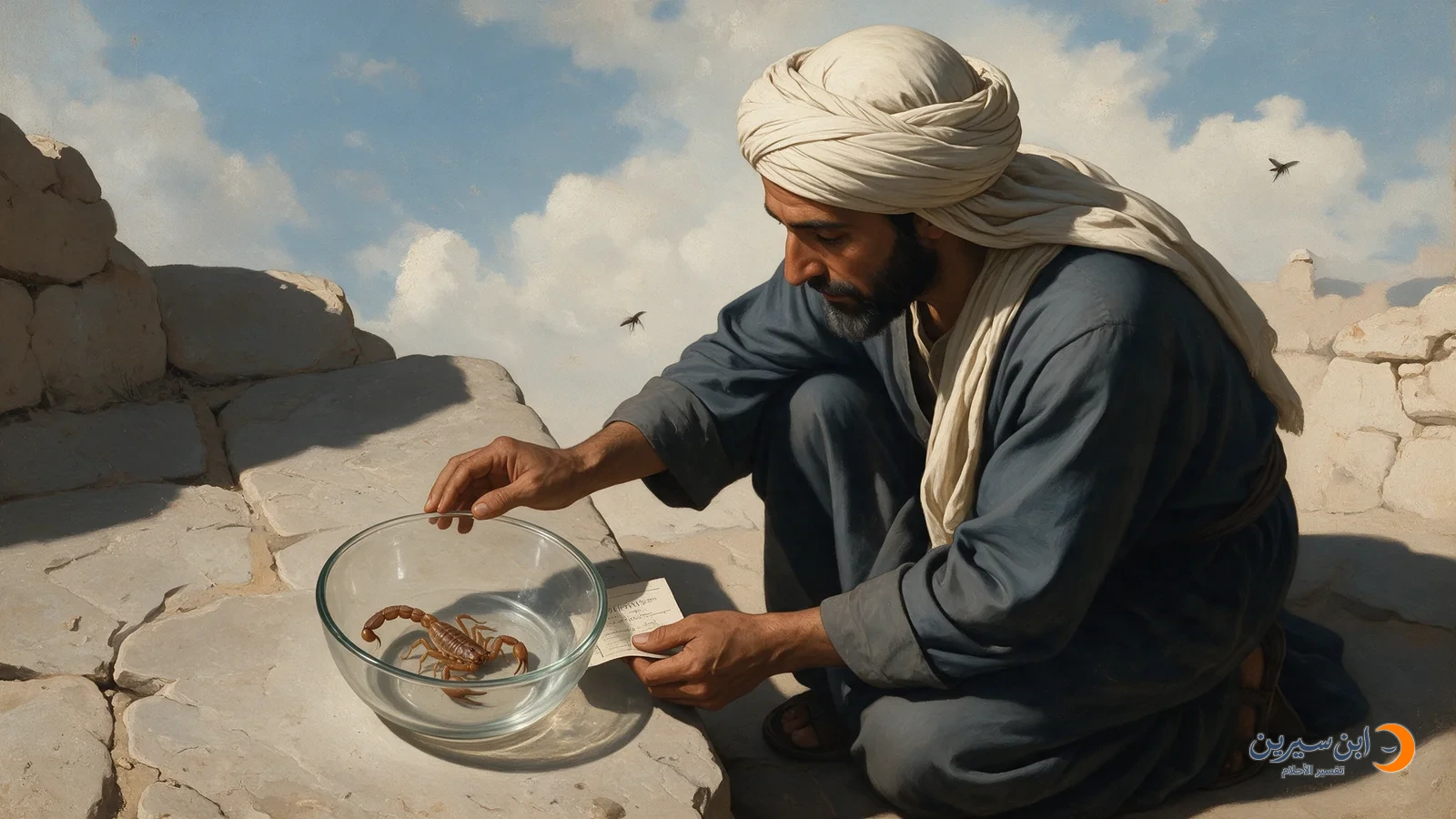 رجل يمسك وعاءً زجاجيًا يحتوي على عقرب