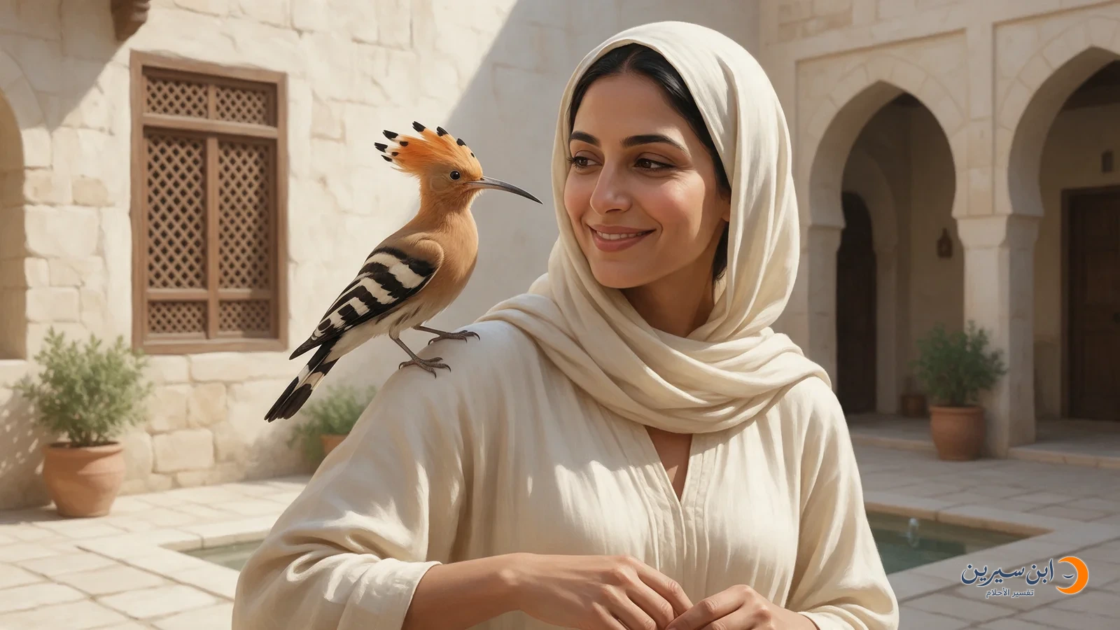 هدهد يقف على كتف امرأة تنظر إليه مبتسمة