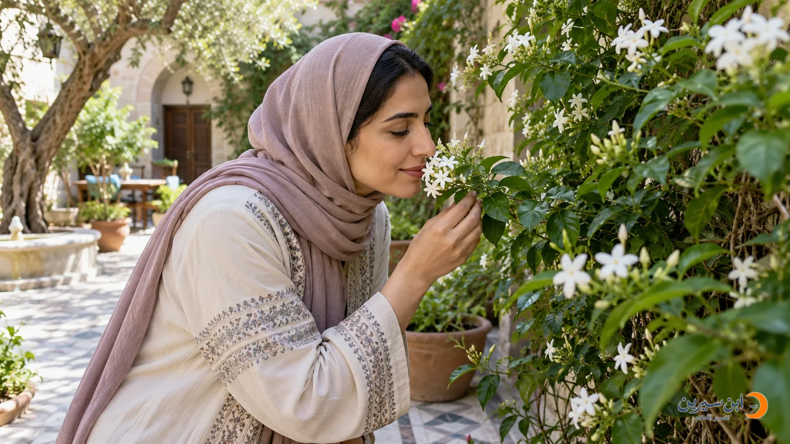 امرأة تشم الياسمين على الشجرة