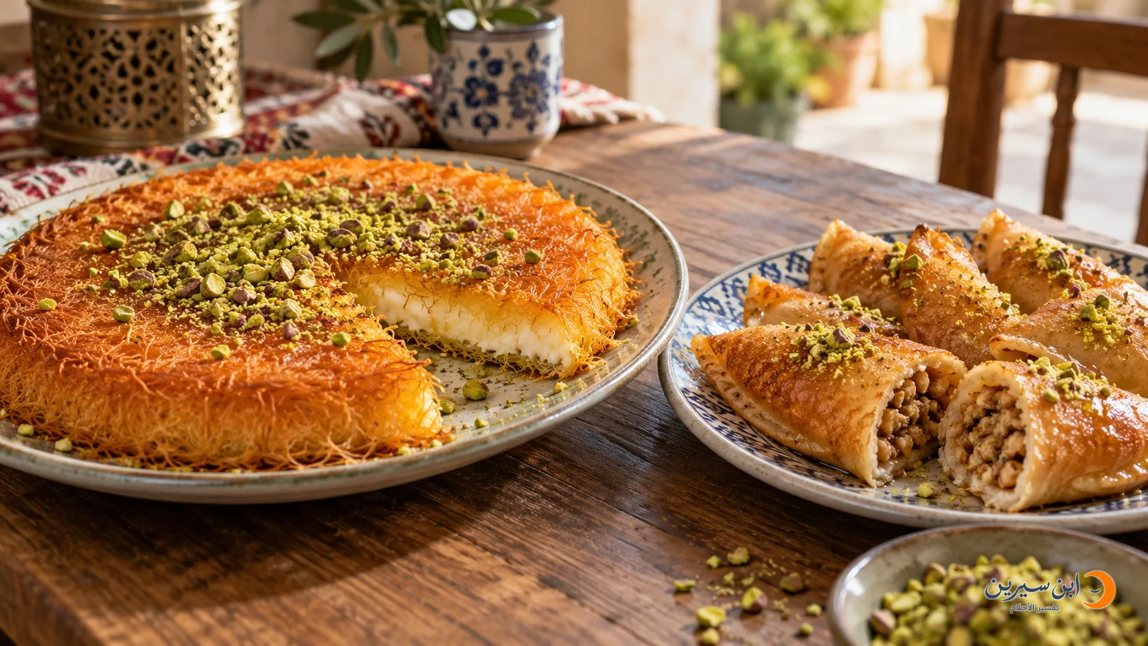 كنافة بالجبن وقطائف محشوة في طبقين