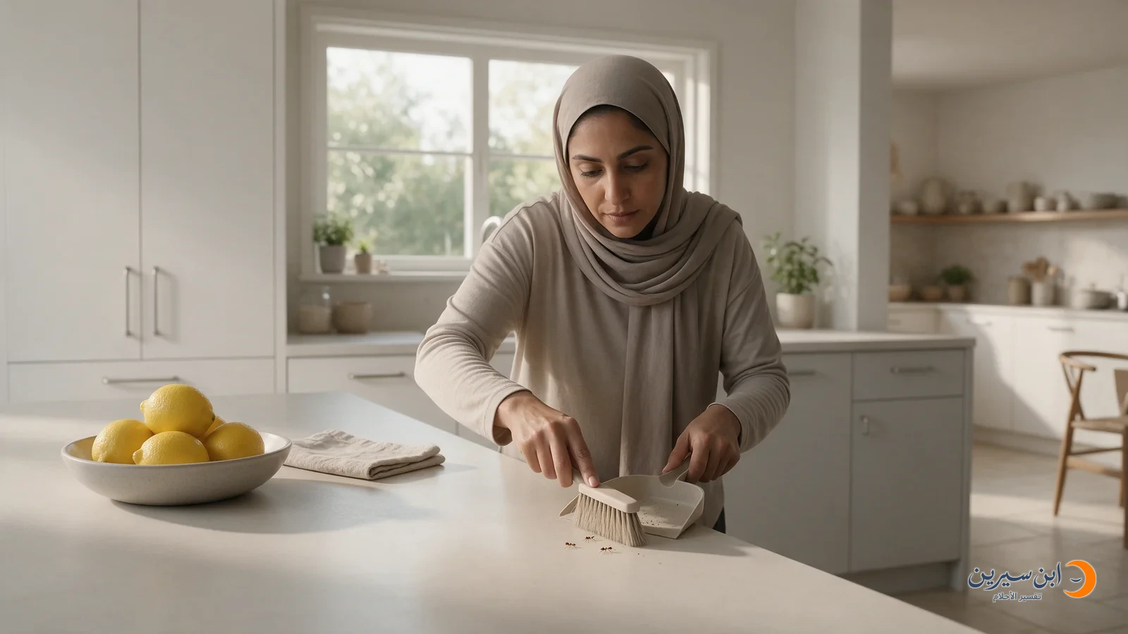 امرأة عربية تزيل نملًا صغيرًا من سطح المطبخ بفرشاة ومجرفة صغيرة