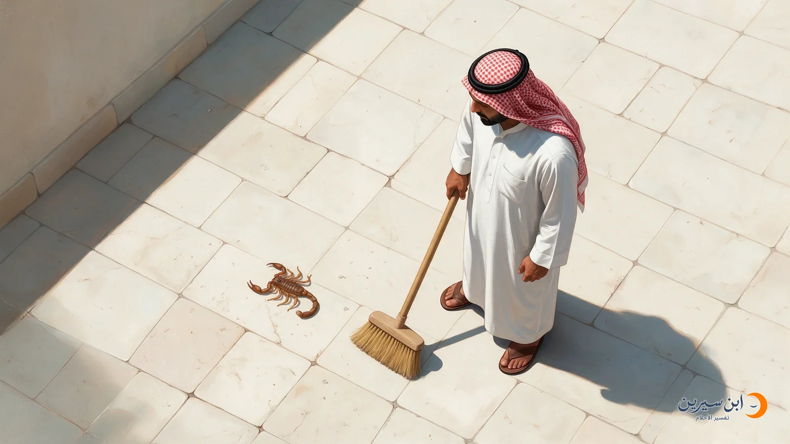 رجل يحمل مكنسة وبجواره عقرب ساكن على البلاط