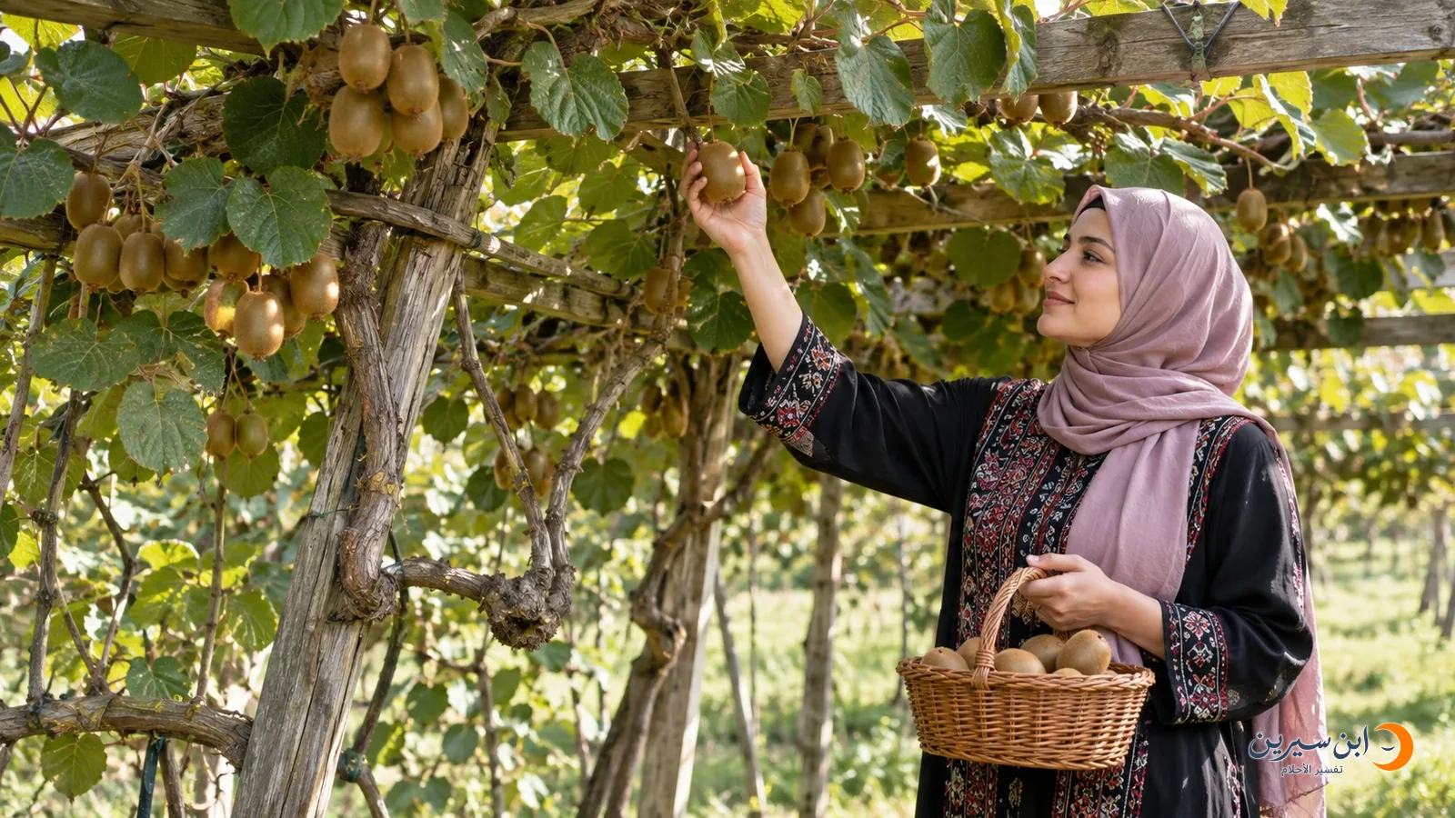 امرأة تقطف ثمرة كيوي من نبتة مثمرة