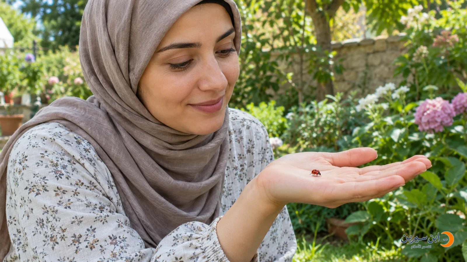 امرأة تحمل دعسوقة حمراء برفق على يدها