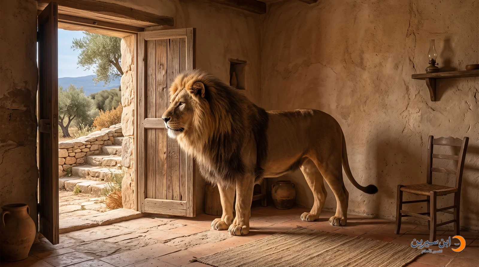 أسد واقف داخل مدخل بيت حجري مضاء بالشمس