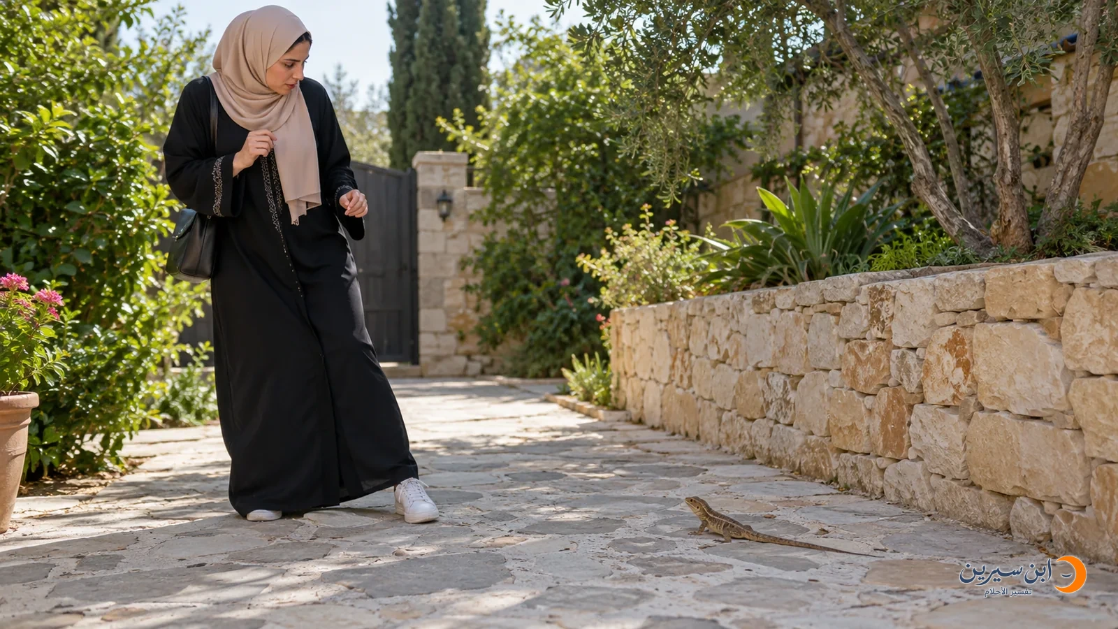 امرأة تتراجع عن سحلية على ممر حديقة