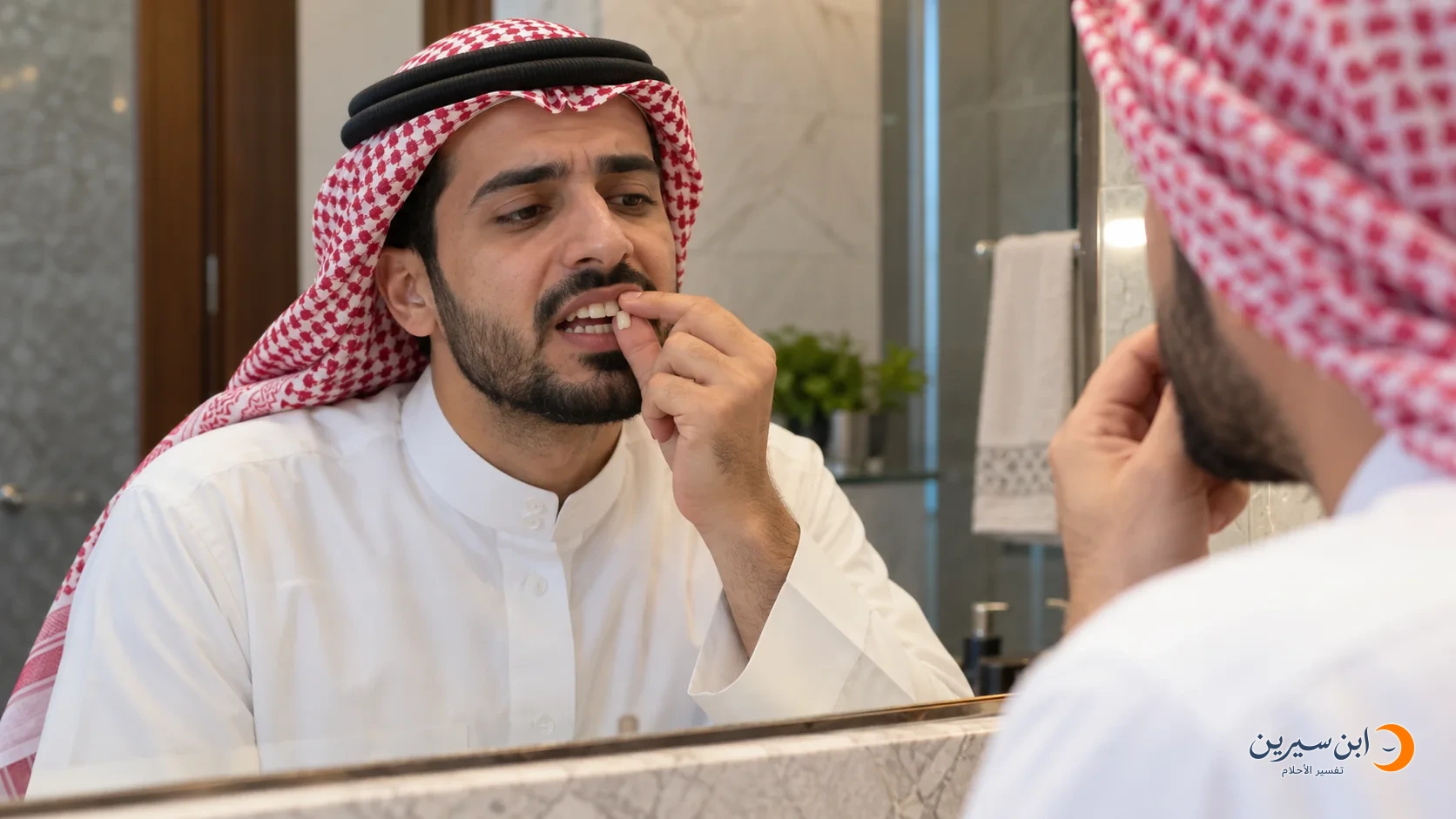 رجل يفحص سنًا أمامية بإصبعيه أمام المرآة