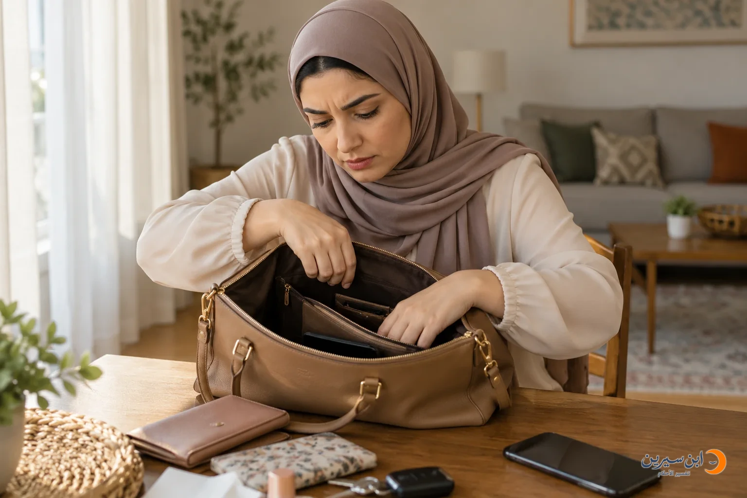 امرأة تبحث عن دبلتها قرب حقيبتها