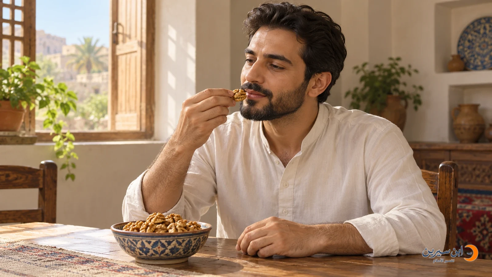 رجل يأكل قطعة من لب الجوز وبجواره وعاء جوز