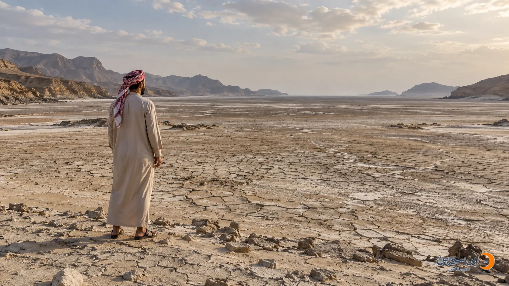 رجل يقف أمام قاع بحر جاف انحسر عنه الماء