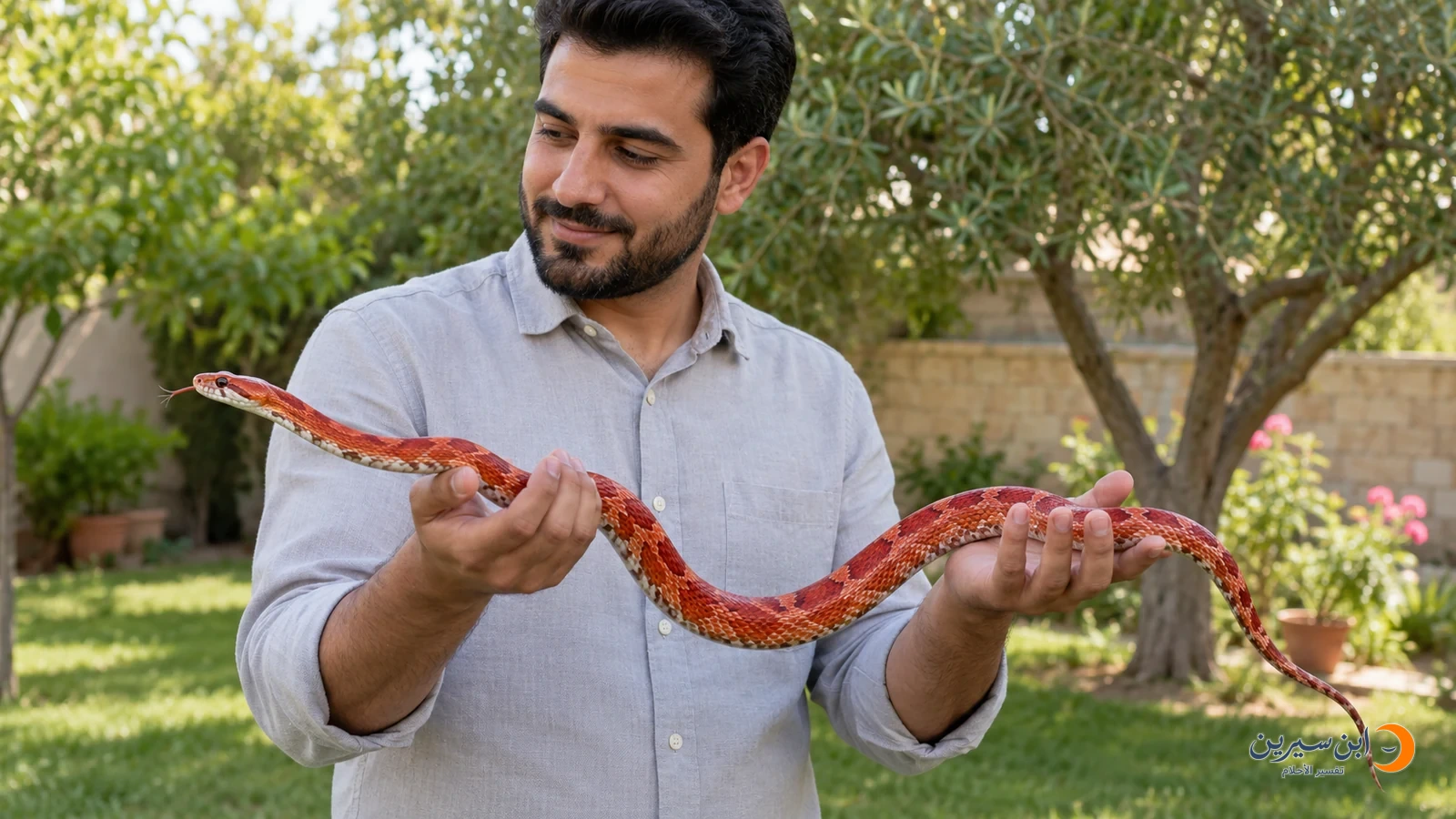رجل يحمل ثعبانًا أحمر ويدعم جسمه بكلتا يديه