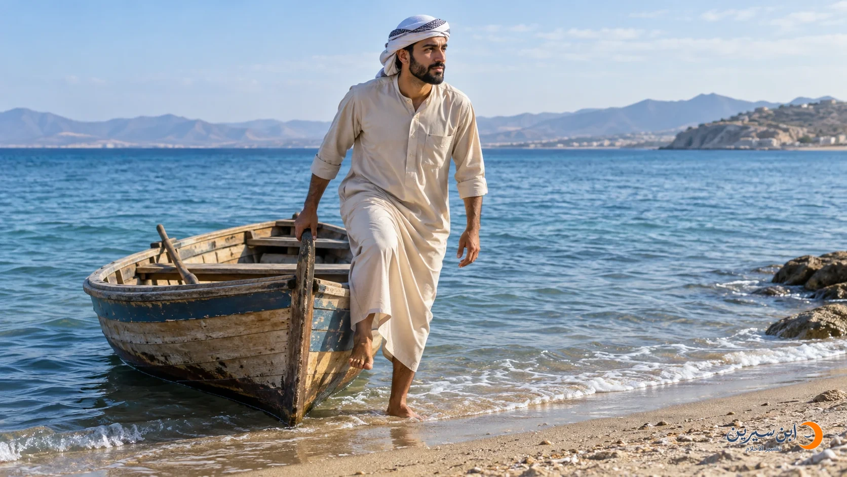 رجل يصل إلى الضفة الأخرى بعد عبور البحر في قارب