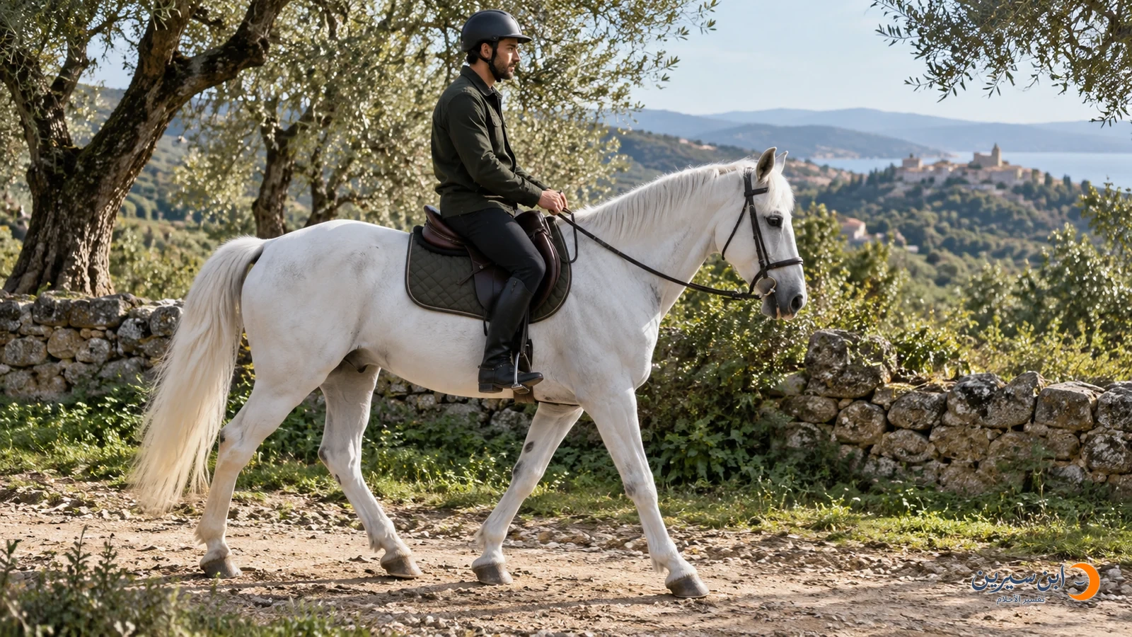 رجل يرتدي خوذة ويركب حصانًا أبيض على طريق بجوار أشجار
