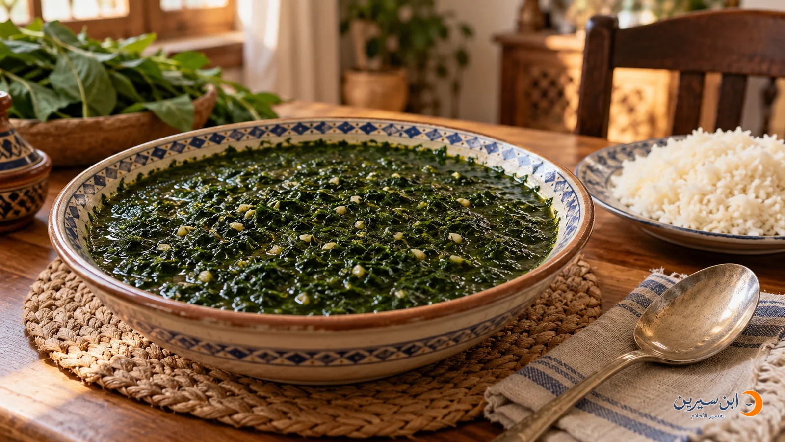 طبق ملوخية مطبوخة بجانب أرز أبيض على مائدة منزلية