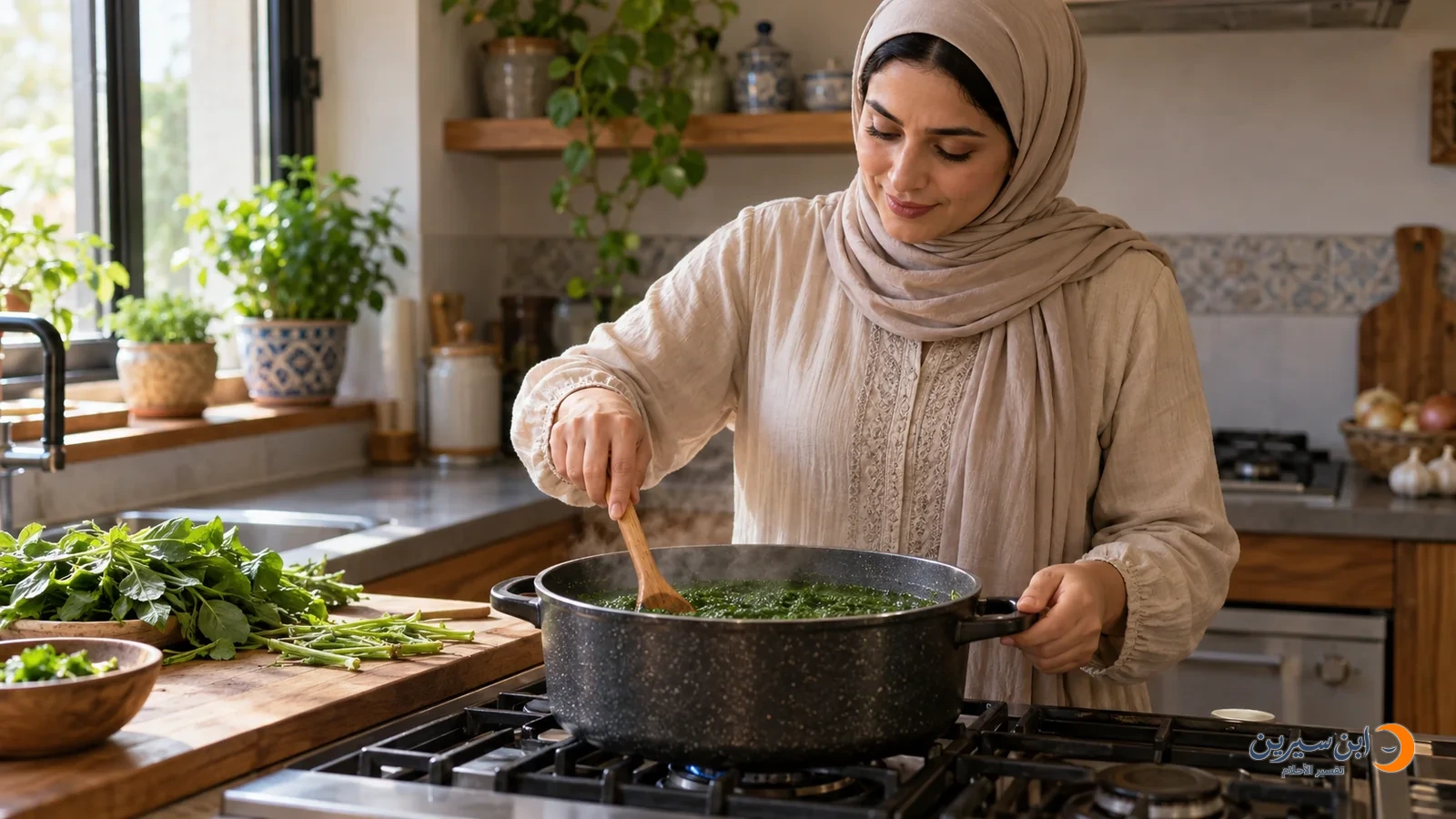 امرأة تطبخ الملوخية وتقلبها بملعقة خشبية