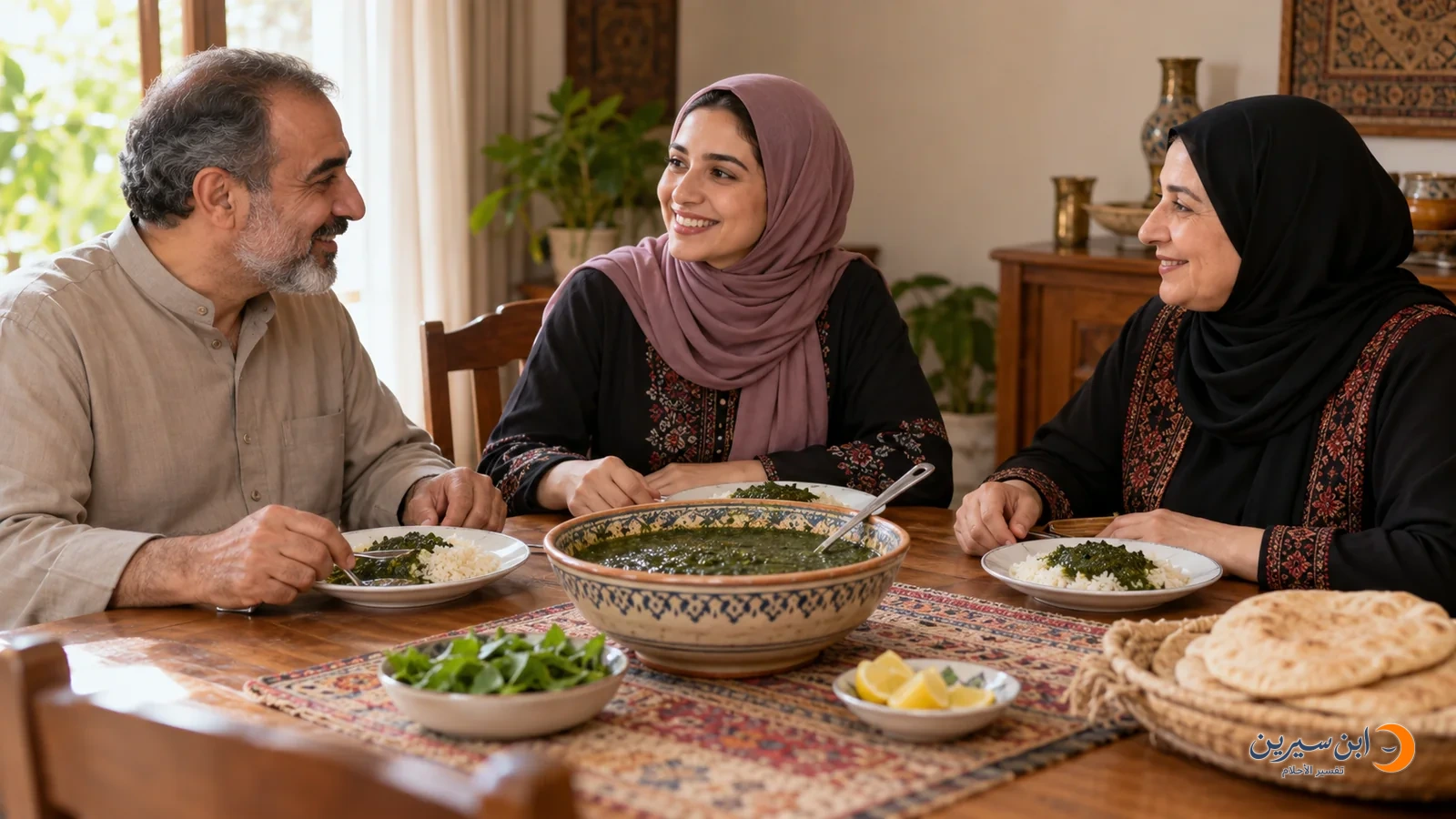 عائلة تجلس حول مائدة عليها الملوخية والأرز