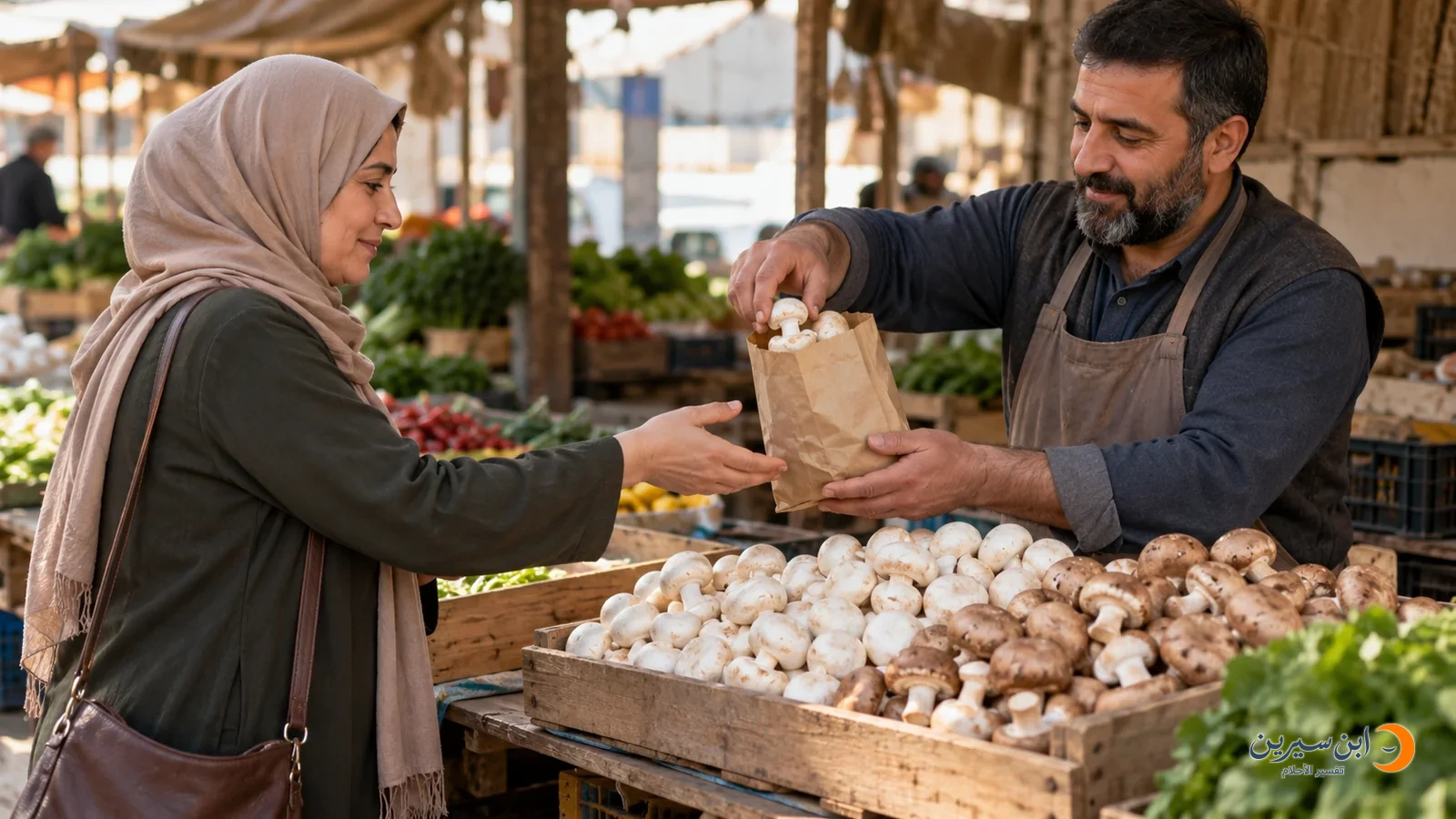 امرأة تشتري الفطر من بائع خضار في السوق