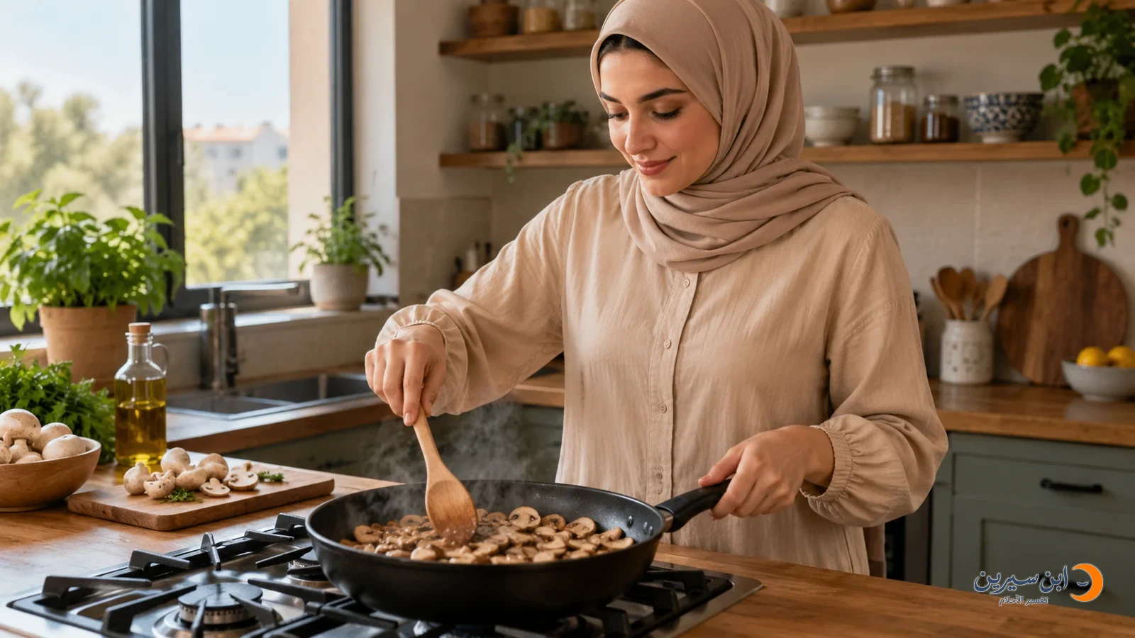 امرأة تطبخ الفطر وتقلبه بملعقة خشبية في مقلاة