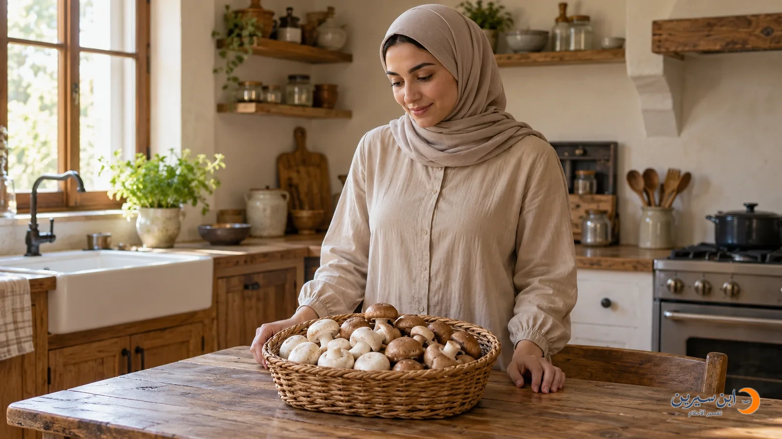 امرأة أمام سلة فطر أبيض وبني طازج على طاولة مطبخ