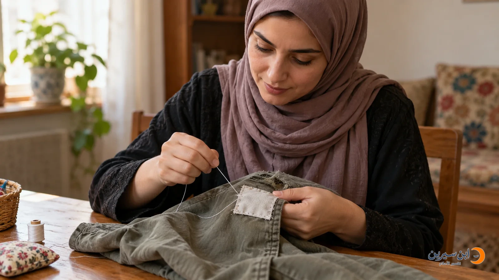 امرأة ترقع قطعة قماش بإبرة وخيط داخل منزل
