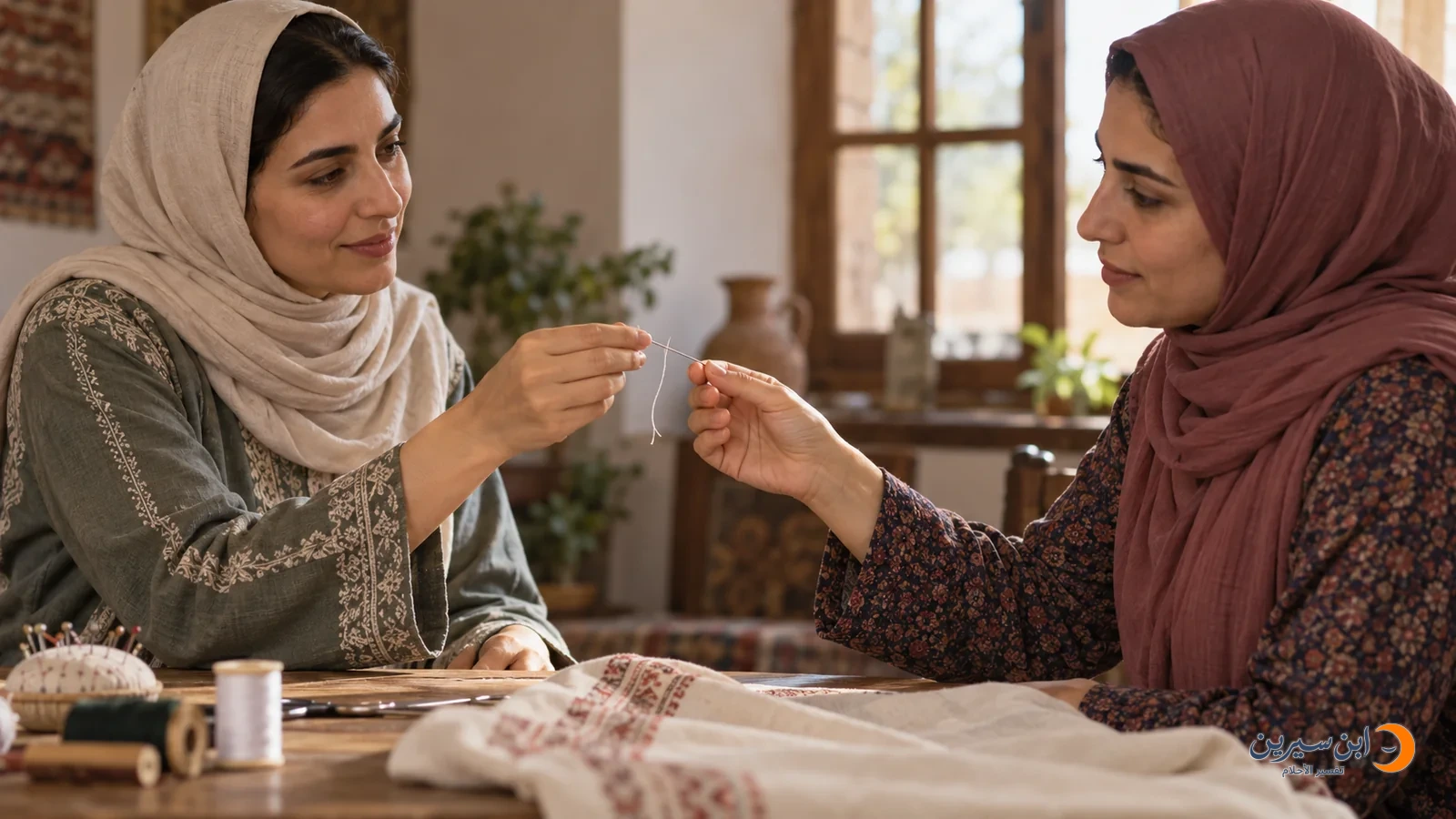 امرأة تتلقى من امرأة أخرى إبرة خياطة فيها خيط