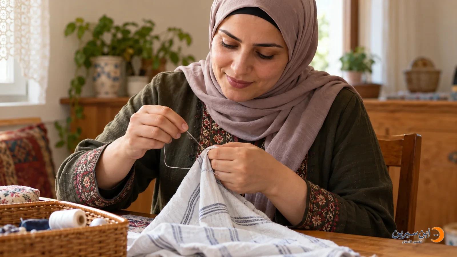 امرأة تخيط ثوبًا بإبرة وخيط على طاولة منزلية
