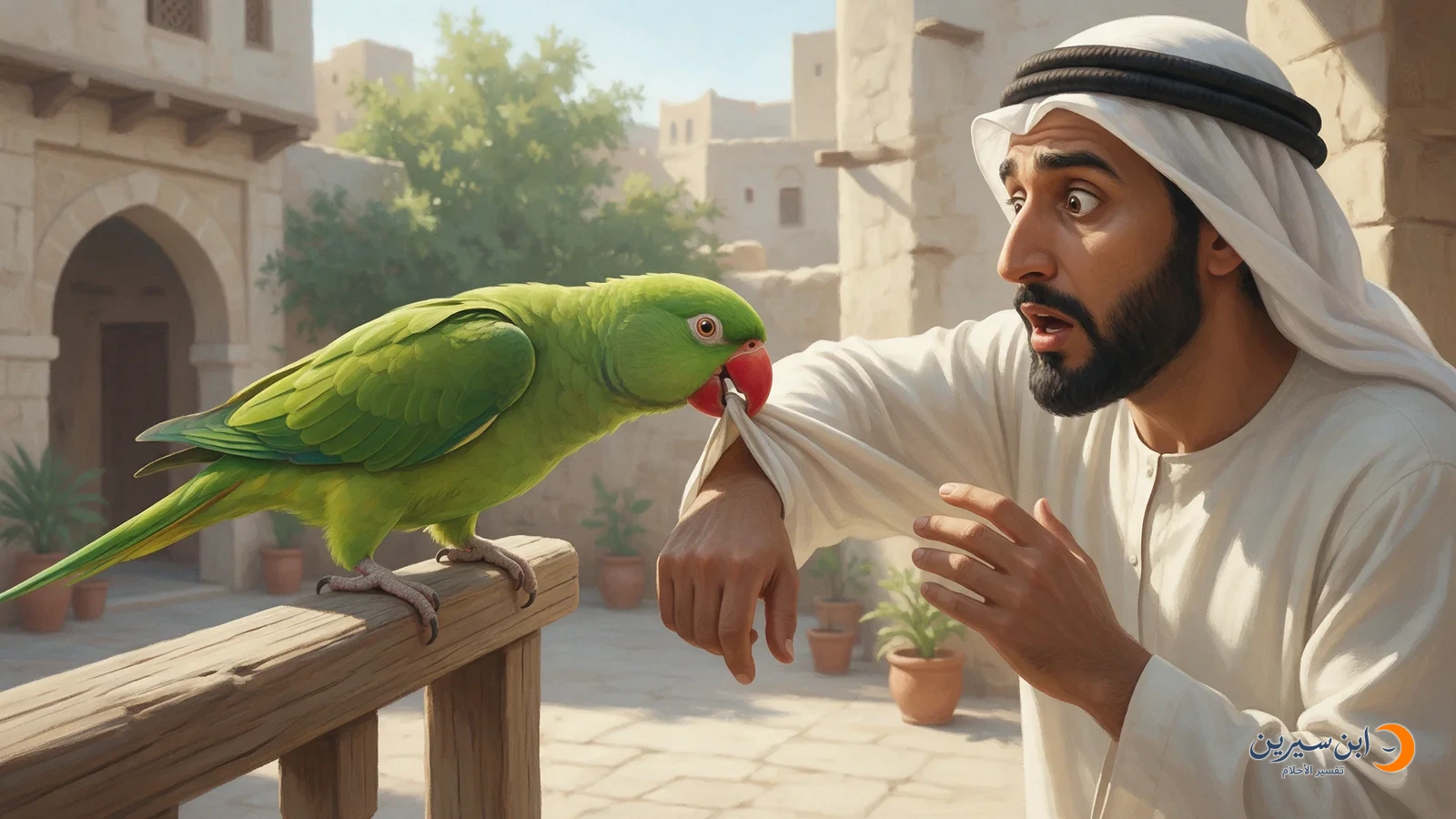 ببغاء يمسك كم ثوب رجل بمنقاره والرجل يسحب ذراعه