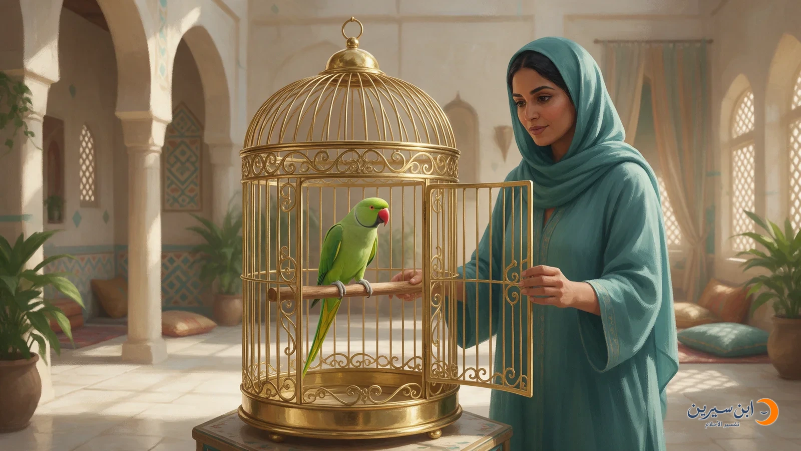 امرأة تفتح باب قفص واسع وفيه ببغاء أخضر على مجثم