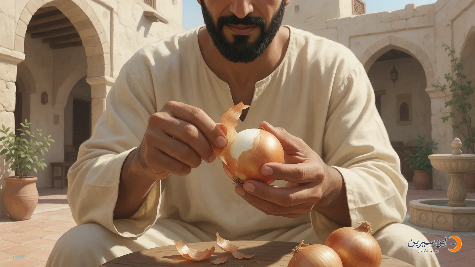 رجل ينزع القشرة الورقية عن بصلة بيديه