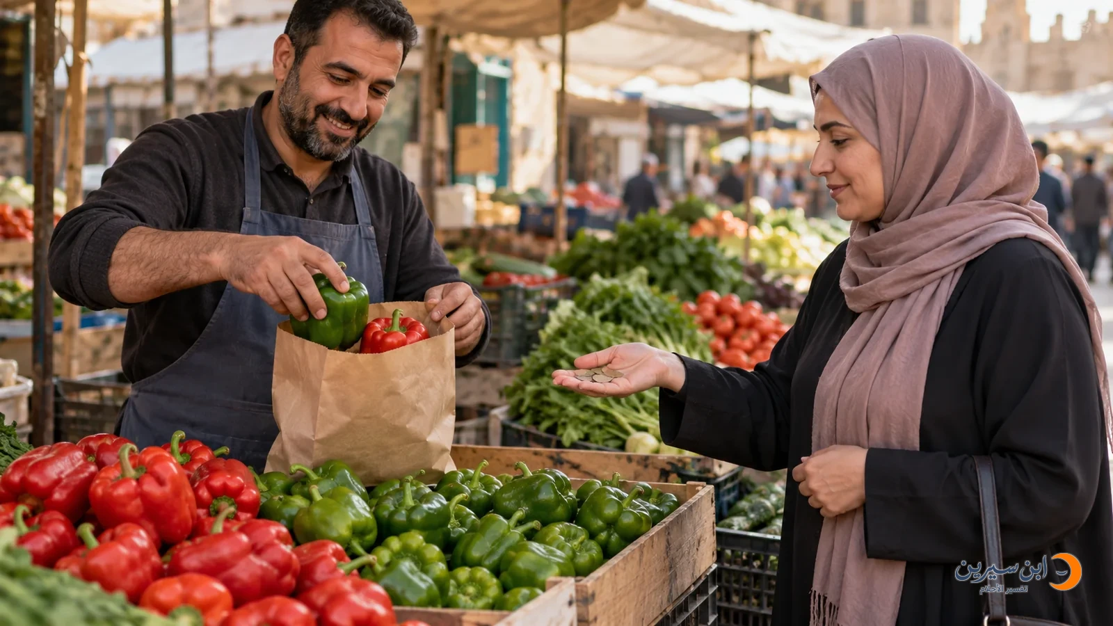 امرأة تشتري الفليفلة من بائع خضار في السوق