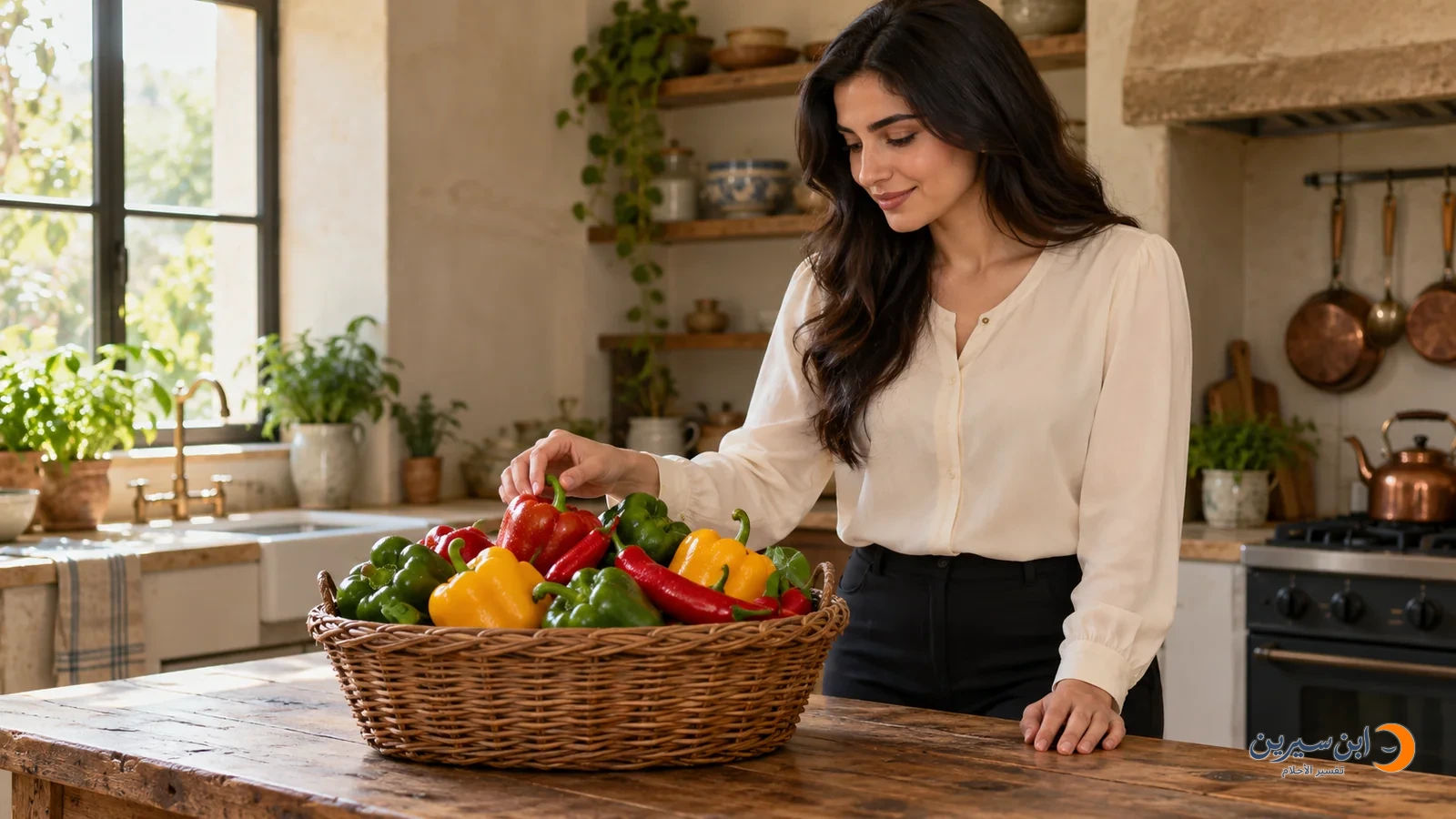 امرأة تقف أمام سلة فلفل وفليفلة ملونة على طاولة مطبخ مضاءة طبيعيًا