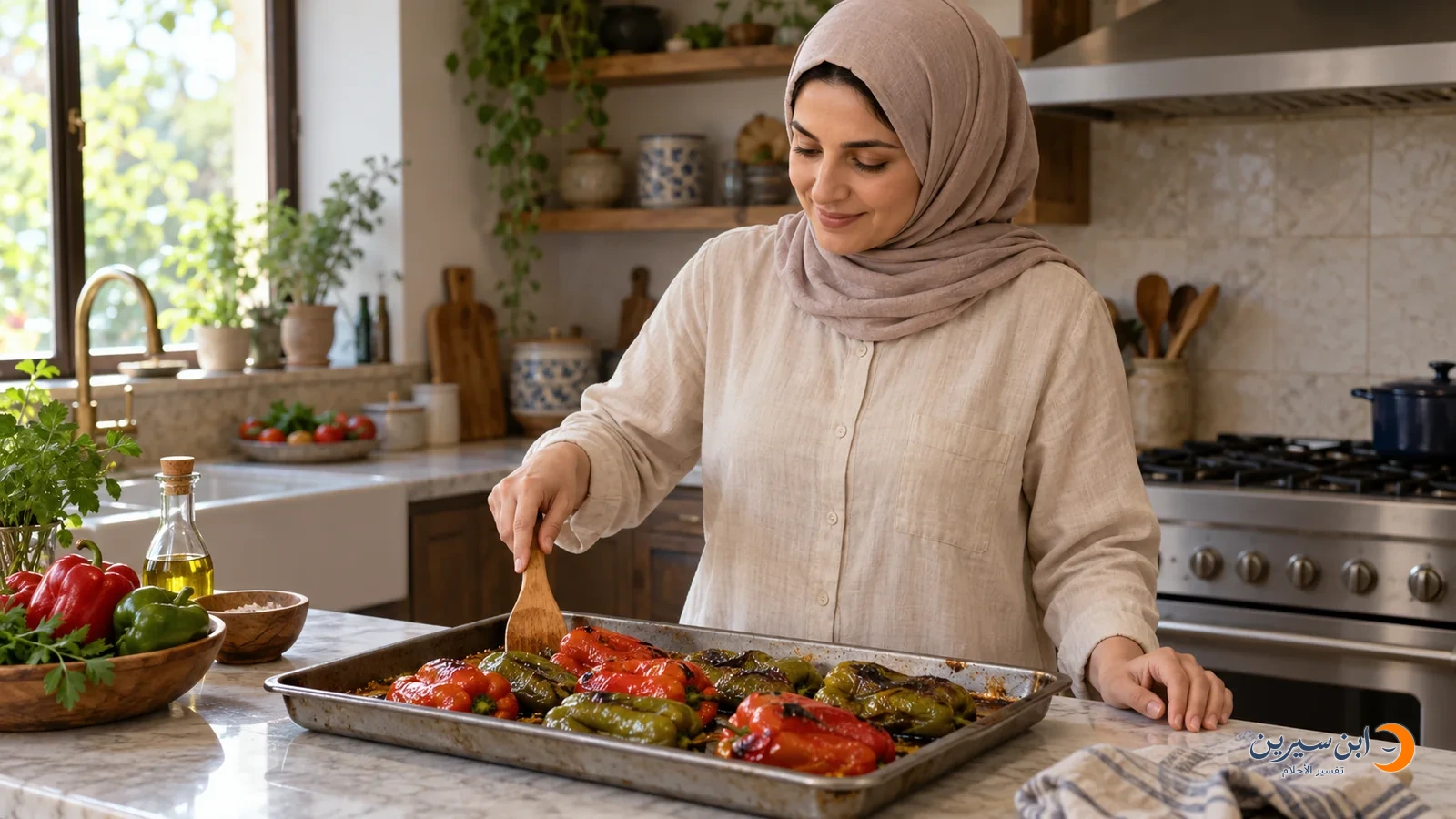 امرأة تحضر الفليفلة المشوية في مطبخ منزلي
