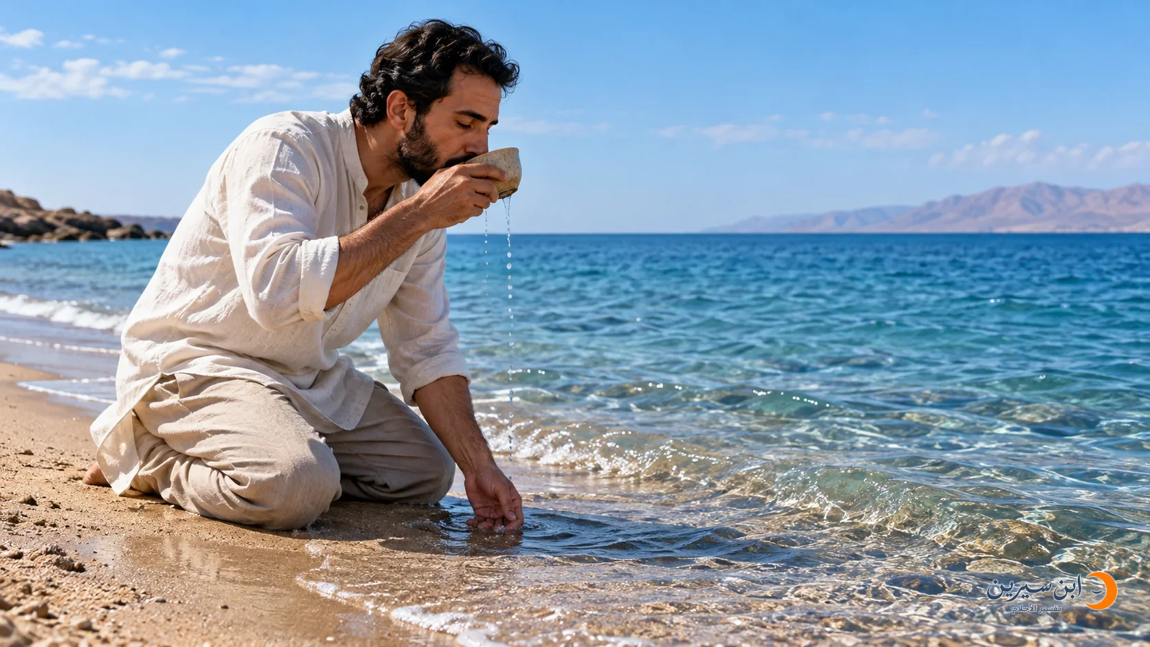 شخص يغرف من ماء البحر بكأس ويقربه من فمه